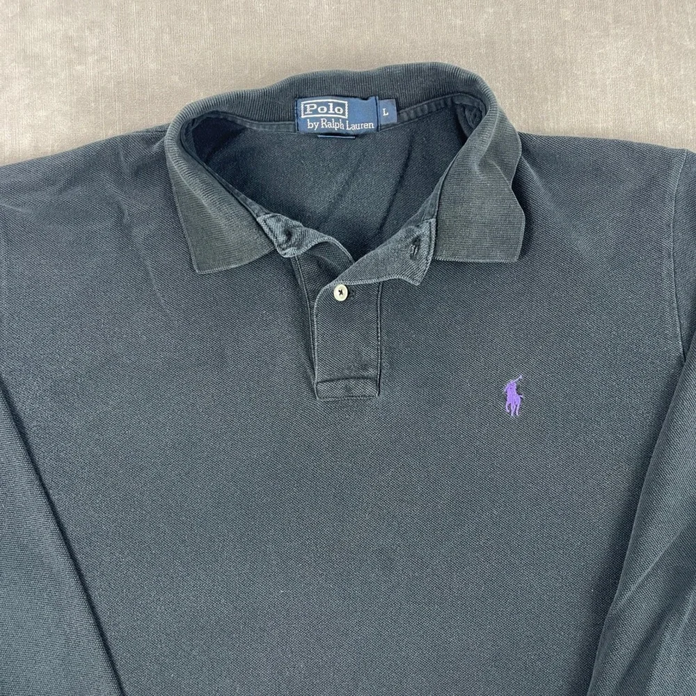Polo Ralph Lauren Mens L Black Long Sleeve Polo Shirt Purple Pony Logo